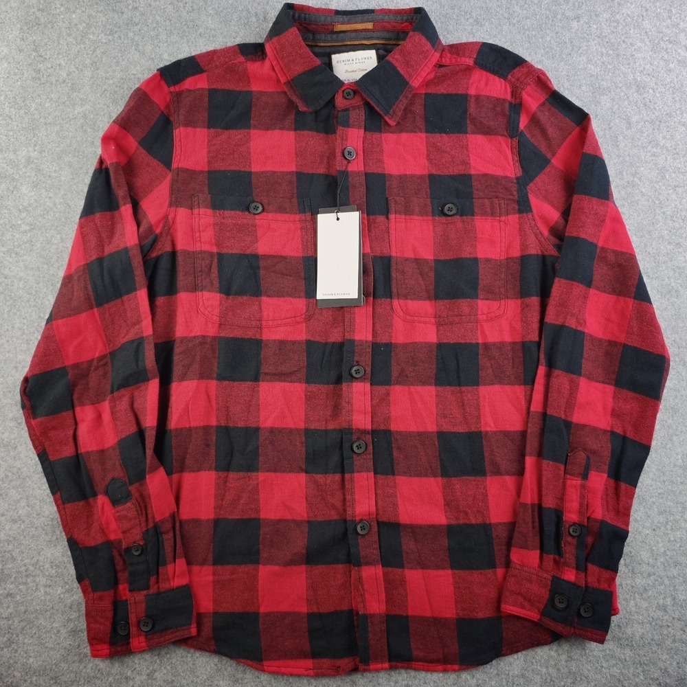 Denim & Flower Shirt Mens XL Red Black Plaid Brushed Cotton Button Up NWT